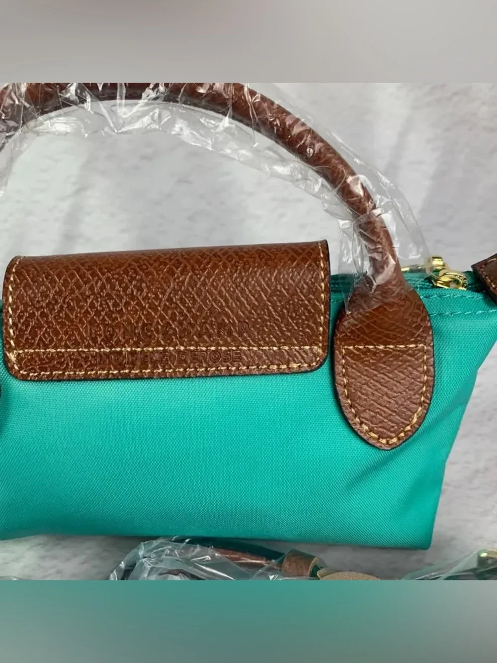 Longchamp Small Top-Handle Mini Bag in Teal with Brown Trim - Picture 5 of 5